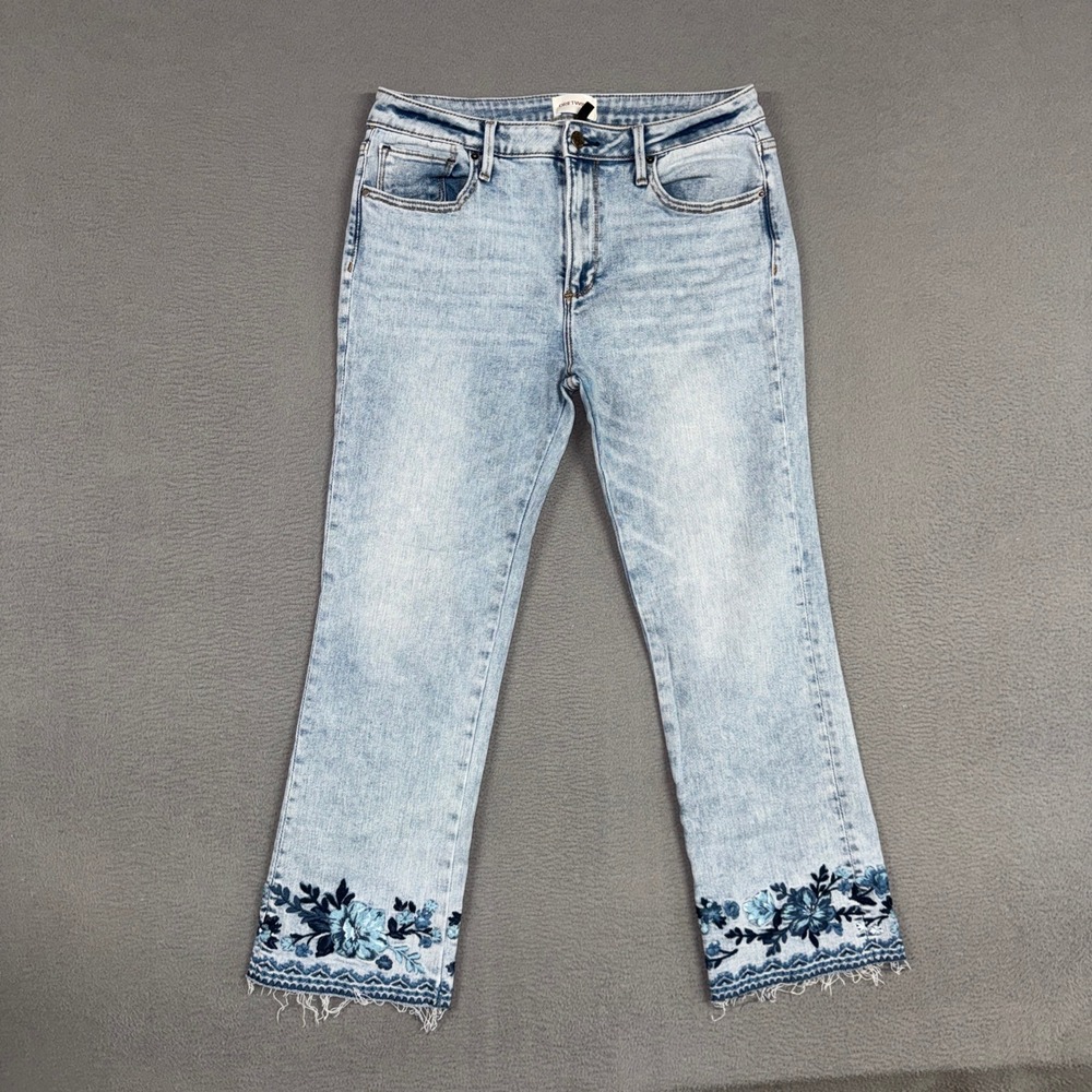 Driftwood Jeans Women 31 Blue Colette Cropped Floral Embroidered Denim Raw Hem